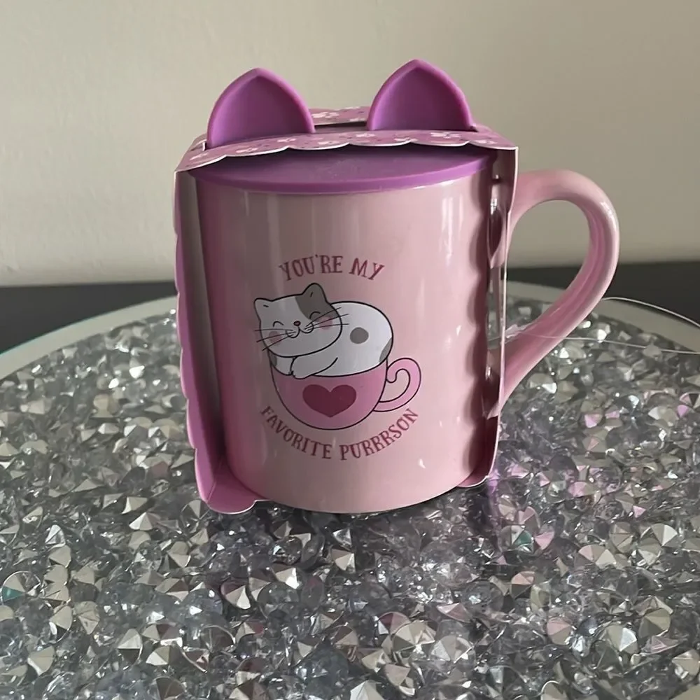 New Eccolo kitty cat mug with silicone cat ear lid you’re my favorite purrrson